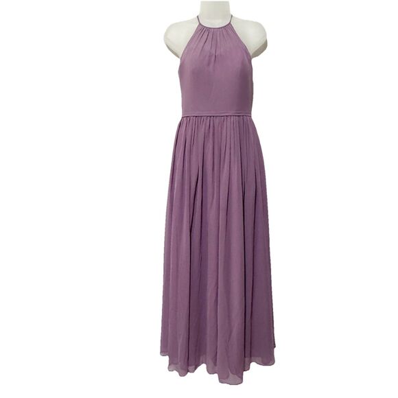 Azazie A2 Lilac Chiffon Halter Maxi Dress Formal Evening Bridesmaid Gown Lined - Picture 2 of 14
